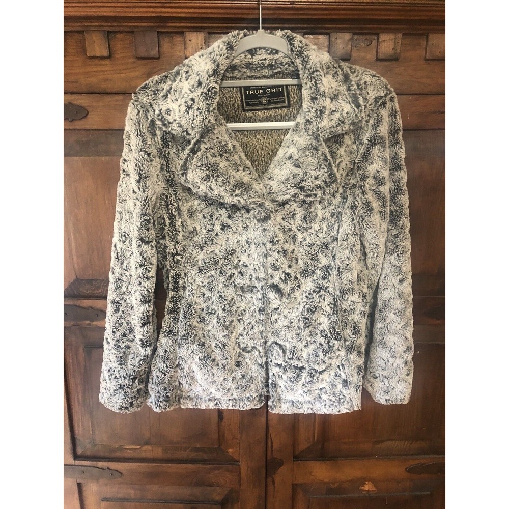 True Grit Women's Gray Black  Silky Faux Fur Collared Jacket Size S